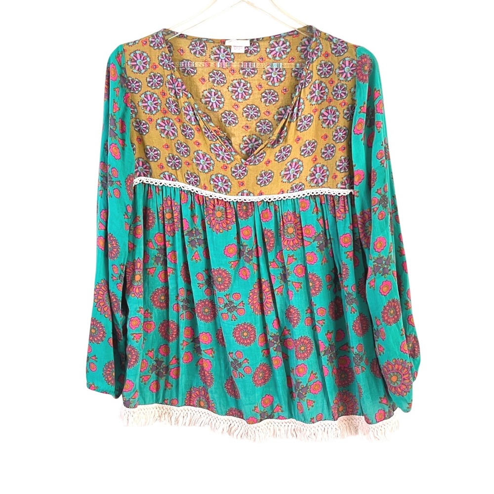 Natural Life Tunic Top S/M Women Boho Floral Fringe V-Neck Green Bohemian Top
